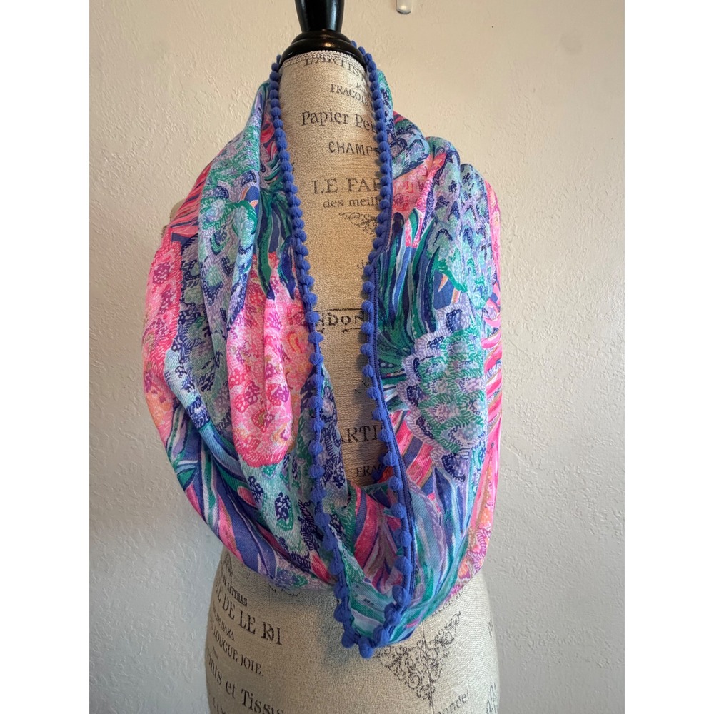 Lilly Pulitzer Tropical Pineapple Palm Print Infinity Scarf with Pom Pom Trim - Picture 1 of 6